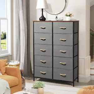 Grey 10 Drawers Chest of Drawers Bedroom Storage Cabinet Fabric Organizer Unit - Picture 1 of 15