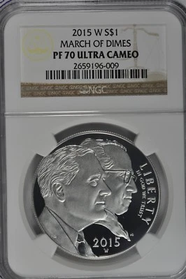 2015 W March of Dimes Proof Silver Dollar NGC PF70 UC Brown Label - Image 1 of 2