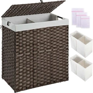 Laundry Hamper with lid, Wicker Laundry Baskets Foldable 2 Removable Liner Bags - Picture 1 of 7