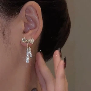 Korean Bow Crystal Drop Earrings Women Cubic Zirconia Long Tassel Earrings - Picture 1 of 5