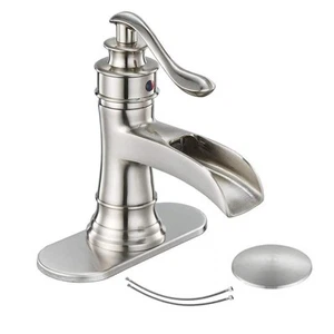 Brushed Nickel Waterfall Single Hole Sink Vanity with Pop Up Drain Assembly Stop - Picture 1 of 8