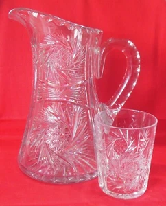 Geschliffenes Glas Wasserkrug Hobstars Pinwheels Feilen Säulen & 1 passender Becher - Bild 1 von 22
