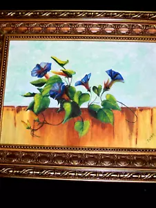 Dipinto olio su tela VINTAGE ORIGINALE gloria del mattino fiori su recinzione sotto il cielo - Foto 1 di 12