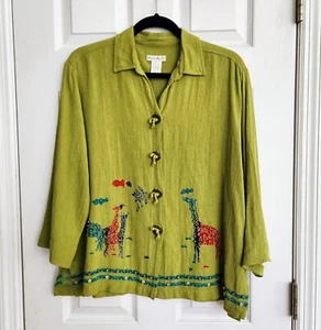 Mureli Women's Fine Linen Blend Jacket / Top Green Safari Giraffes Beadwork - Lg - Picture 1 of 14