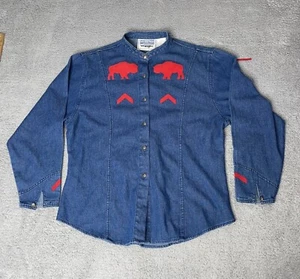 Wrangler Womens Vtg Sz Large Blue Jean Denim Shirt L Metal Buttons Blouse Bison - Picture 1 of 20