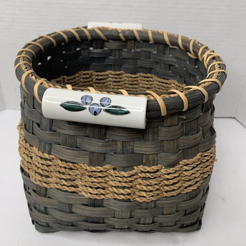 Vintage Blue Wicker Basket With Ceramic Handles Painted with Blue Berries Cover