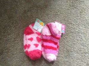 NWT Kids Girls  Soft Fuzzy Socks Striped & heart Shoe Sz 10-13 sock pink 2 pair  - Picture 1 of 1