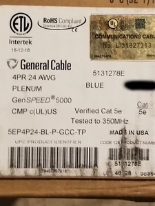Cable de red General Cable GenSPEED 5000 24/4P Cat5E UTP Plenum CMP azul/100 pies - Imagen 1 de 12