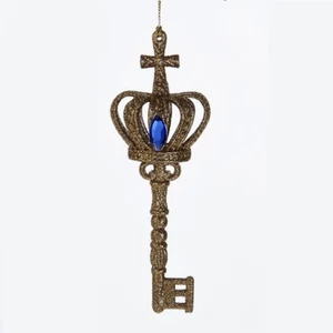 KURT ADLER 6" GOLD GLITTERED ACRYLIC KEY & CROWN w/BLUE JEWEL CHRISTMAS ORNAMENT - Picture 1 of 1