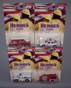 LOT of (4X) "MATCHBOX" *HEROES SERIES* FIRE ENGINES AMBULANCE POLICE CAR CARDED - Picture 1 of 4