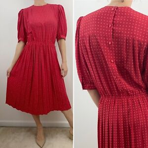 Vintage 80s Liz Claiborne Red White Do 3/4 Sleeve Blouson Pleated Midi Dress 6 8