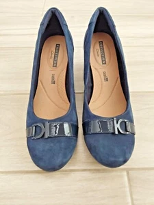 Clarks Collection Soft Cushion Navy Blue Suede Slip On Wedge Heel. Size 9.5 M - Picture 1 of 5