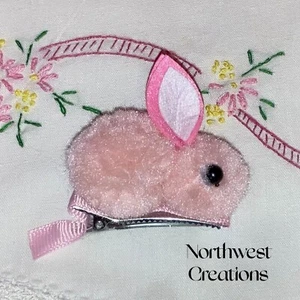 Pink Pom Pom bunny barrette. Child’s Pink Hair Barrette. Girls Bunny Hair Clip - Picture 1 of 2