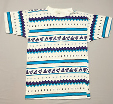 Vintage 90s Striped Aztec All Over Print White Blue Single Stitch T-Shirt Large