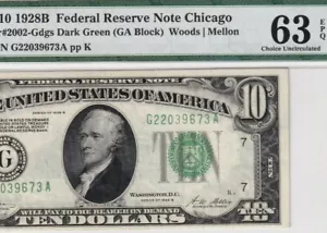 G22039673A 1928B CHICAGO BOOK VALUE $ 550 GREEN SEAL UNCIRCULATED TEN DOLLAR - Picture 1 of 3