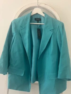Talibots Linen Open Blazer Women Size 16 WP NWT Turquoise Lined Faux Pockets - Image 1 of 4