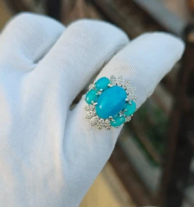 Anillo de plata 925 hecho a mano con piedras preciosas y diamantes pavé turquesa corte ovalado natural - Imagen 1 de 7
