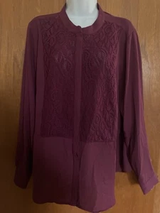 Vera Wang Woman’s Top Wine Hidden Button Up Long Sleeve Size XL - Picture 1 of 14