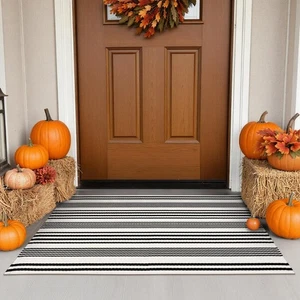 Alfombra Exterior Otoño Blanco y Negro 24"x35", Lavable Reversible Rayas Frontal D... - Imagen 1 de 8