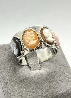 Anello In Argento 925 Con 4 Cammei Rosa, Sardonico, Corniola E Madreperla - Immagine 1 di 4
