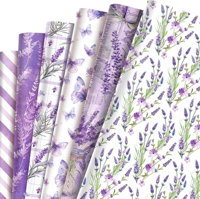 12 hojas de papel de envolver lavanda - envoltura de regalo de mariposa floral púrpura, doblada... Foto 1 de 4