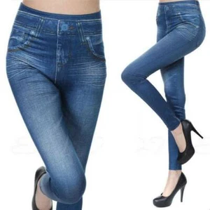 High Waist Womens Faux Denim Jean Leggings Slim Stretch Pencil Jegging Pants US - Picture 1 of 14