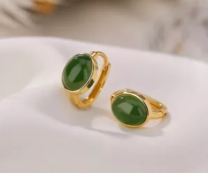 I02 Ohrringe ovale grüne Jade Sterling Silber 925 vergoldet - Bild 1 von 6