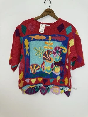 Nuevo con etiquetas Suéter Tejido Colorido Océano Tema Flecos Peces Crochet Pescado Grannycore XL Foto 1 de 4