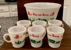 Vtg MCM Tom and Jerry Hazel Atlas Glass Bowl Punch Egg Nog Set 6 Cups Excellent - Picture 1 of 4