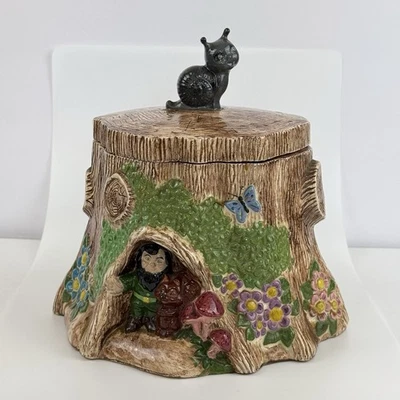 Gnome In Tree Stump Ceramic Cookie Jar Snail Animals Mushrooms Owl Flowers Vtg - Image 1 of 4