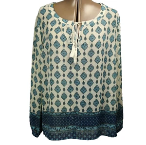 Rose & Olive Blumen Struktur Chiffon Quasten Bluse Ballonärmel Blau Weiß XL - Bild 1 von 24