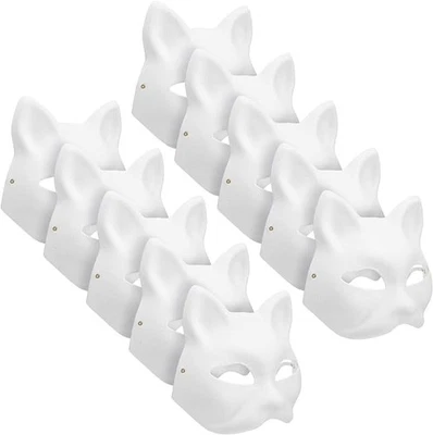 10 Pcs Cat Mask DIY White Cat Painted Masks Half Blank Cosplay Halloween Mask - Image 1 of 4
