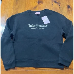 Nuevo con etiquetas Juicy Couture Negro Plata Brillo Brillante Gráfico Logo Regaliz Cuello Redondo - Imagen 1 de 5