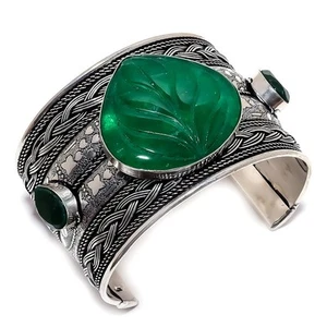 Esmeralda (simulada) piedras preciosas 925 pulsera de brazalete ajustable - Imagen 1 de 1