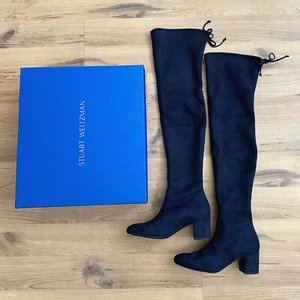 New Stuart Weitzman Genna 60 City Boot Over The Knee Faux Suede Nice Blue Size 7 - Picture 1 of 8