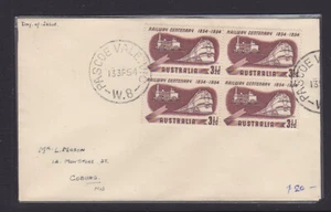 FDC: 1954 RAILWAY CENTENARY WITH BLOCK OF 4 CANCELLED PASCOE VALE VIC W.8. - Bild 1 von 1