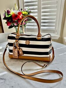 TORY BURCH Luggage Tags Cruise Ship Black Striped Coated Canvas Satchel Bag EXC
