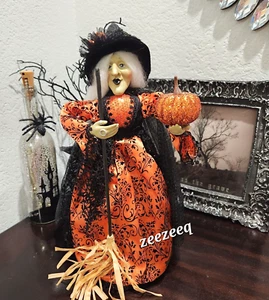 HALLOWEEN ORANGE WITCH DOLL SHELF SITTER PUMPKIN MANTEL TABLETOP DECOR 17" - Picture 1 of 10