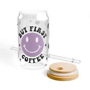 Smiley Face Iced Coffee Glass, Good Vibes Drinkware, Eco-Friendly Glass Cup - Picture 1 of 4