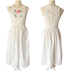 Vestido vintage Dragon Fly bordado floral delantal XS/S blanco algodón midi - Imagen 1 de 12