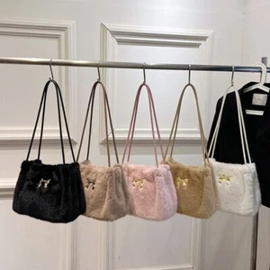 Korean Style Plush Bow Shoulder Bag Cream Color Shoulder Bag Outdoor - Picture 1 of 17