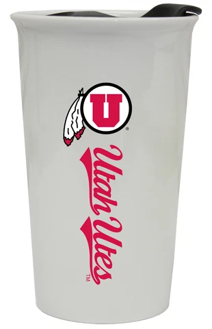 UTAH UTES 12OZ CERAMIC TUMBLER-UNIVERSITY OF UTAH TRAVEL MUG w/ LID Cover