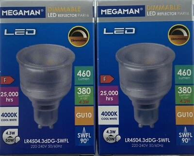 2 x LED GU10 Par16 74mm long 4.3W = 50W 460lm Dimmable Megaman 4000k Cool White - Image 1 of 4