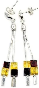 NEW Long Natural Baltic Amber Squares Dangle Earrings 925 Sterling Silver - Picture 1 of 3