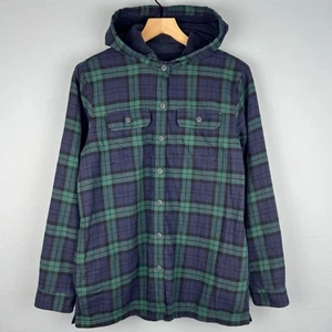 LL Bean Womens Small Blue Green Plaid Check Fleece Hooded Flannel Shirt Shacket - Picture 1 of 6
