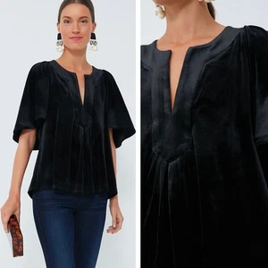 Tuckernuck Finley Velvet Top Size M Black Flutter Sleeve Blouse Pomander Place - Picture 1 of 14