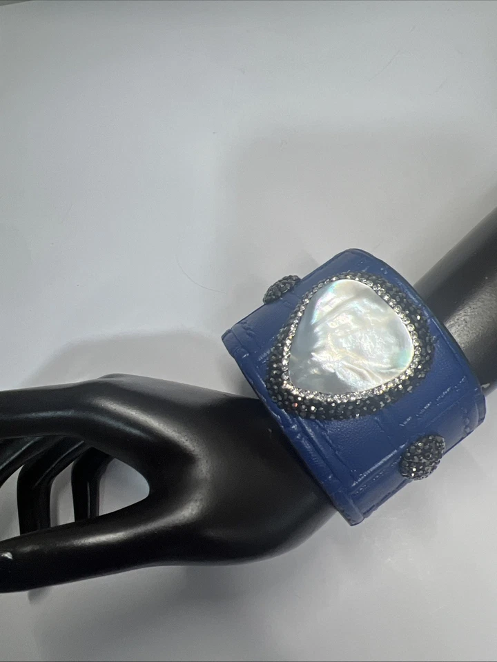 Bracelete de pedra semipreciosa pérola larga ajustável azul - Imagem 1 de 4