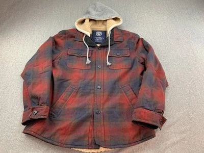 American Eagle Outfitters Hooded Shacket Fleece Lined Shirt Men M Red Gray Plaid - Image 1 of 4