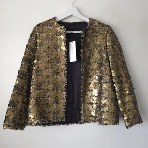 Zara Sequin Gold Blazer Jacket Tweed Embellished Size S Small 8 10 NEW BNWT - Picture 1 of 5