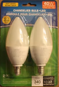Intertek 4 Watt (40W) LED B10 Chandelier 3000K 340 Candelabra Light Bulbs 2-PACK - Picture 1 of 2